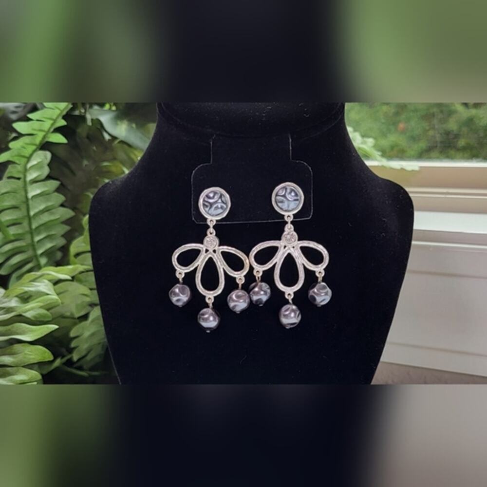 Slate Gray Beaded Silver Statement Dangle Earrings - Picture 5 of 9